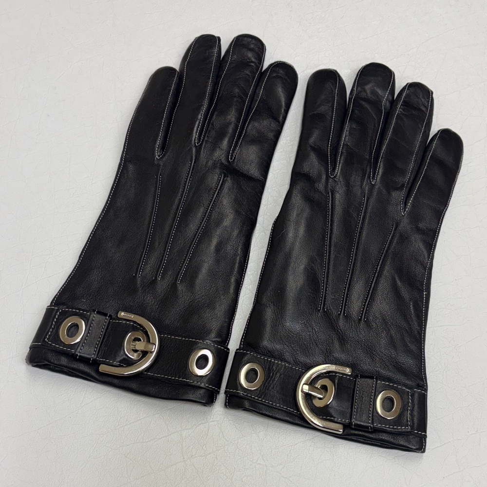 Coach Black Leather Gloves with Metallic Accents
